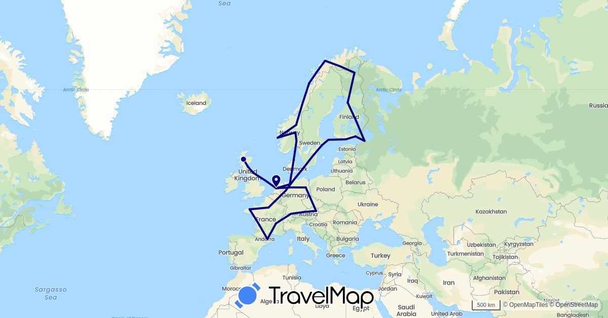 TravelMap itinerary: driving in Austria, Germany, Denmark, Finland, France, United Kingdom, Netherlands, Norway, Russia, Sweden (Europe)