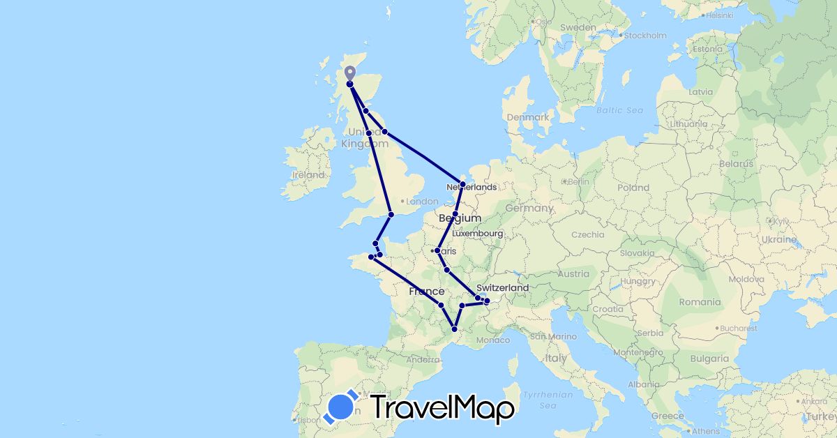 TravelMap itinerary: driving in Belgium, Switzerland, France, United Kingdom, Jersey, Netherlands (Europe)
